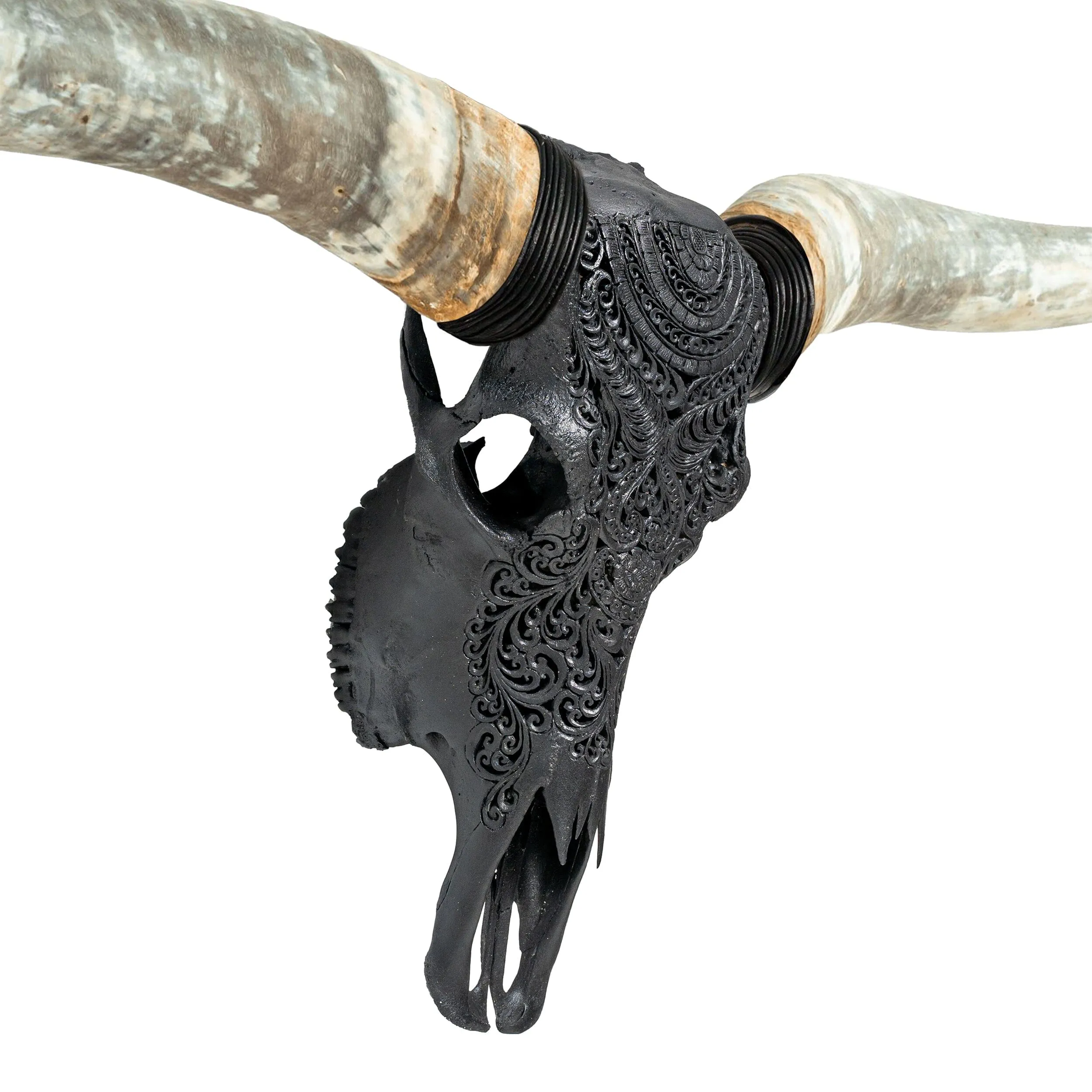 Hand Carved Longhorn Skull - Matte Black Boho