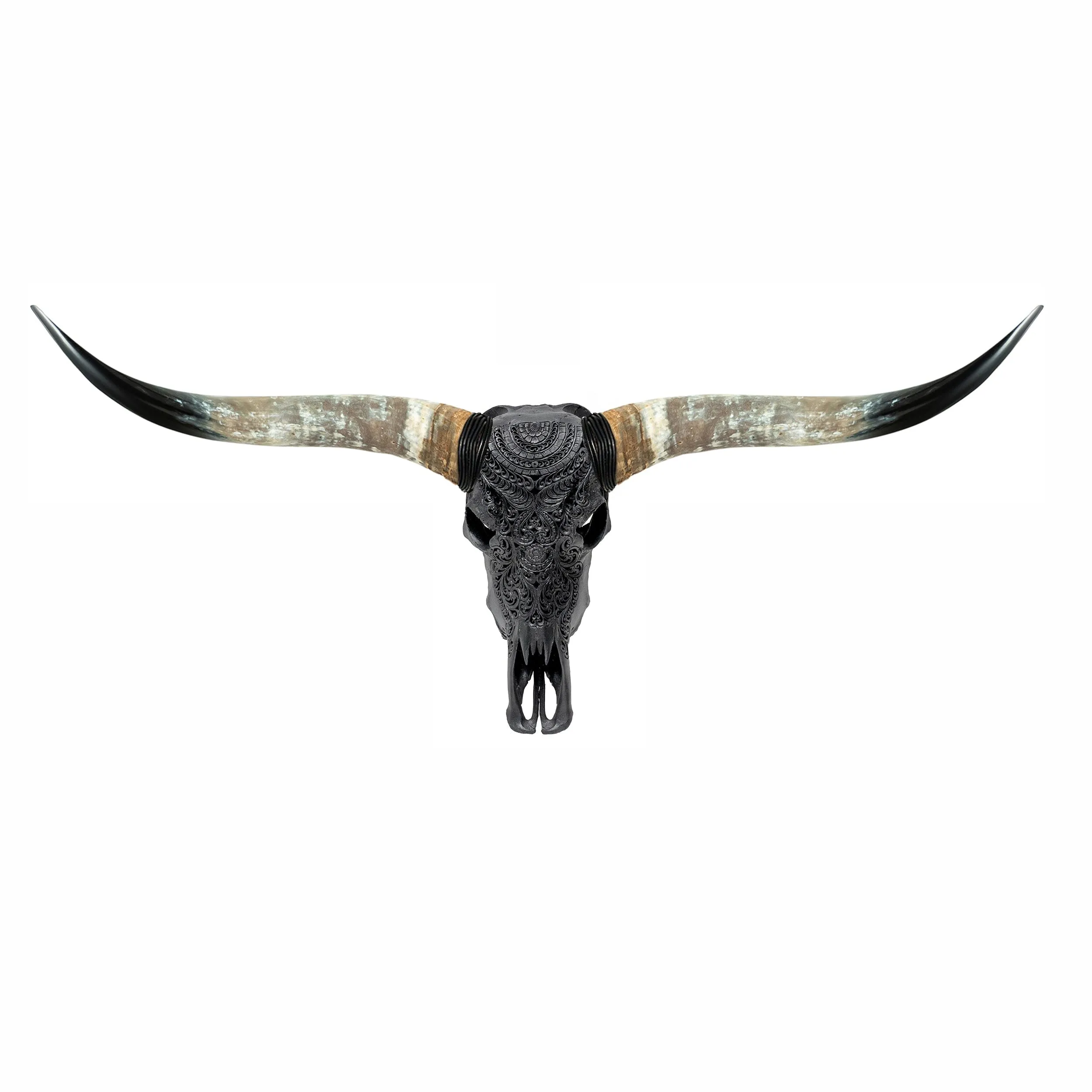 Hand Carved Longhorn Skull - Matte Black Boho
