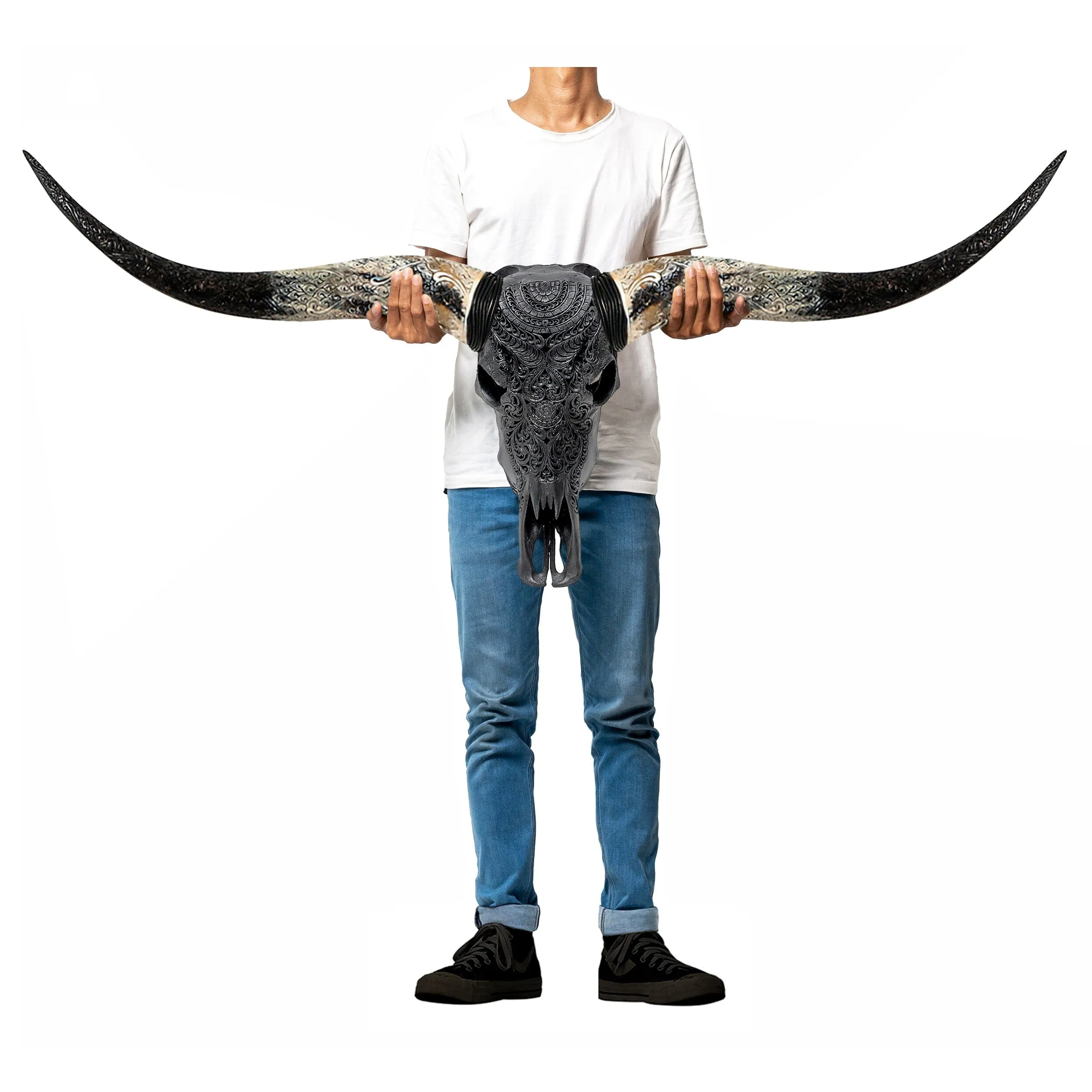 Hand Carved Longhorn Skull - Matte Black Boho