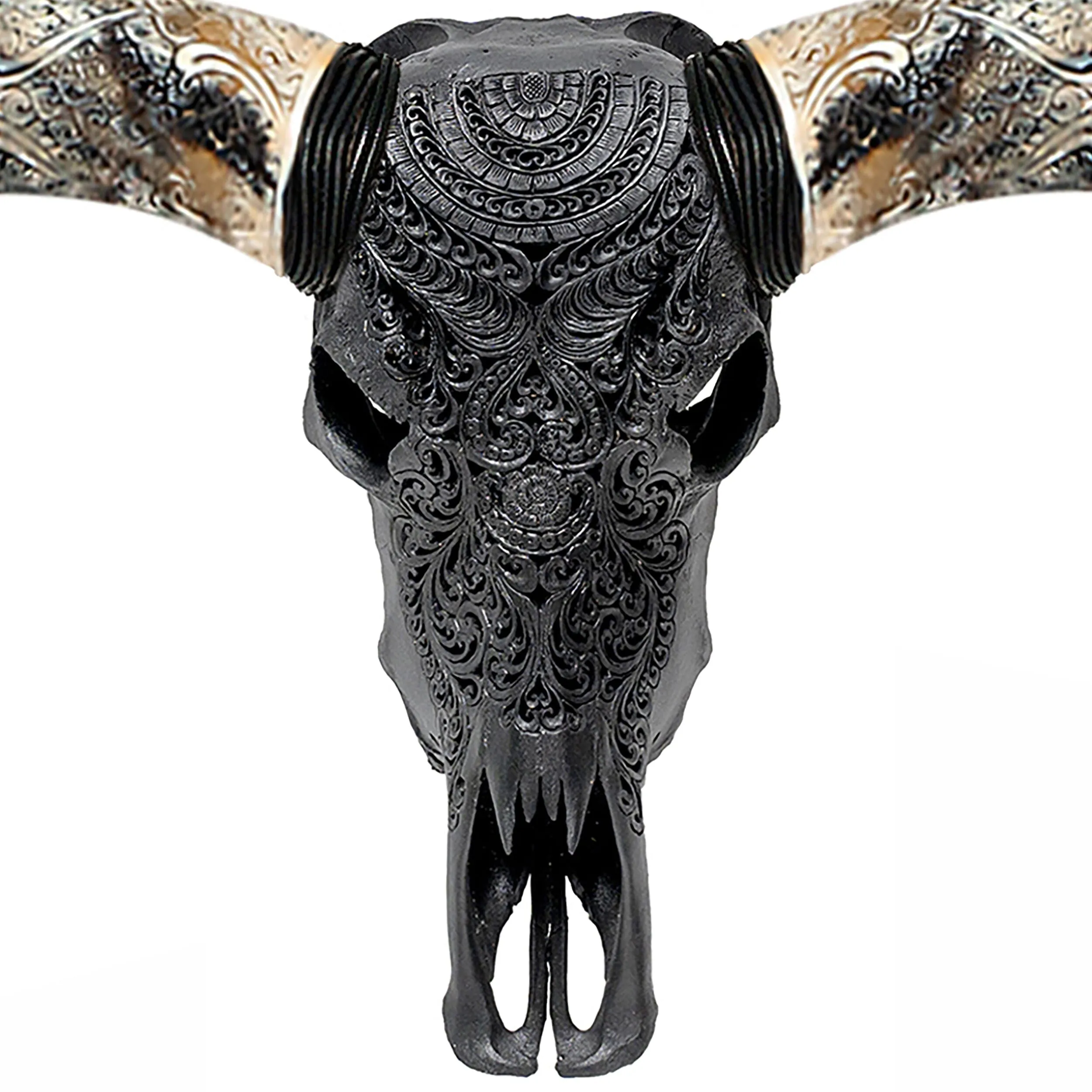 Hand Carved Longhorn Skull - Matte Black Boho