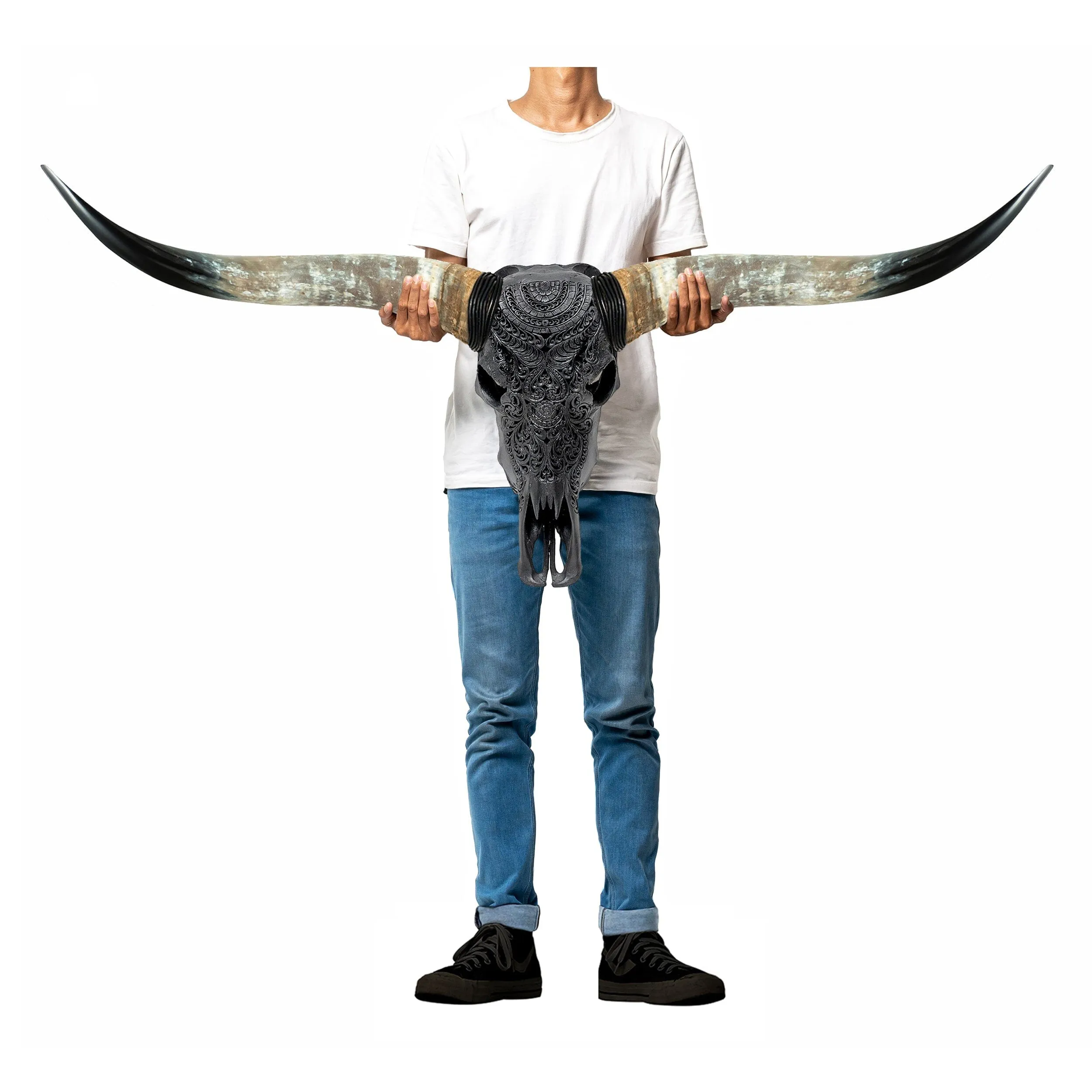 Hand Carved Longhorn Skull - Matte Black Boho