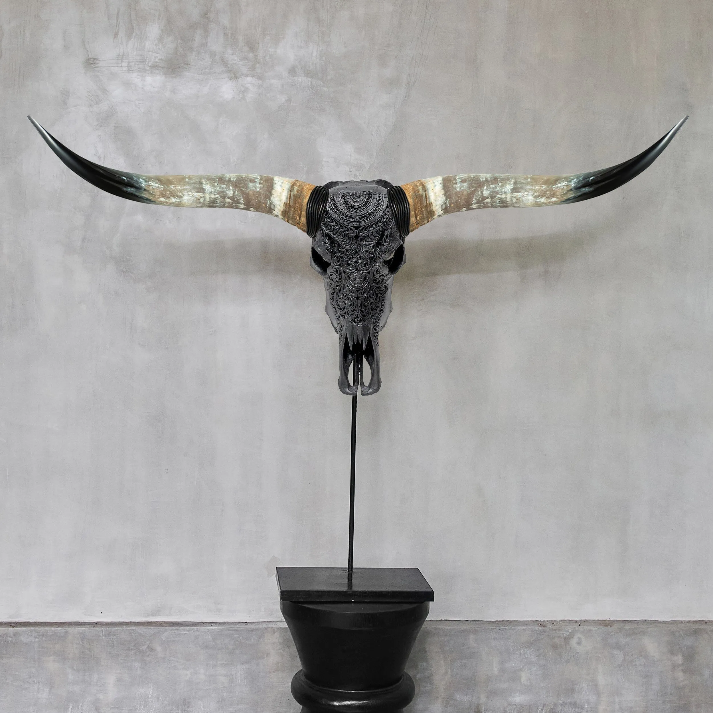 Hand Carved Longhorn Skull - Matte Black Boho