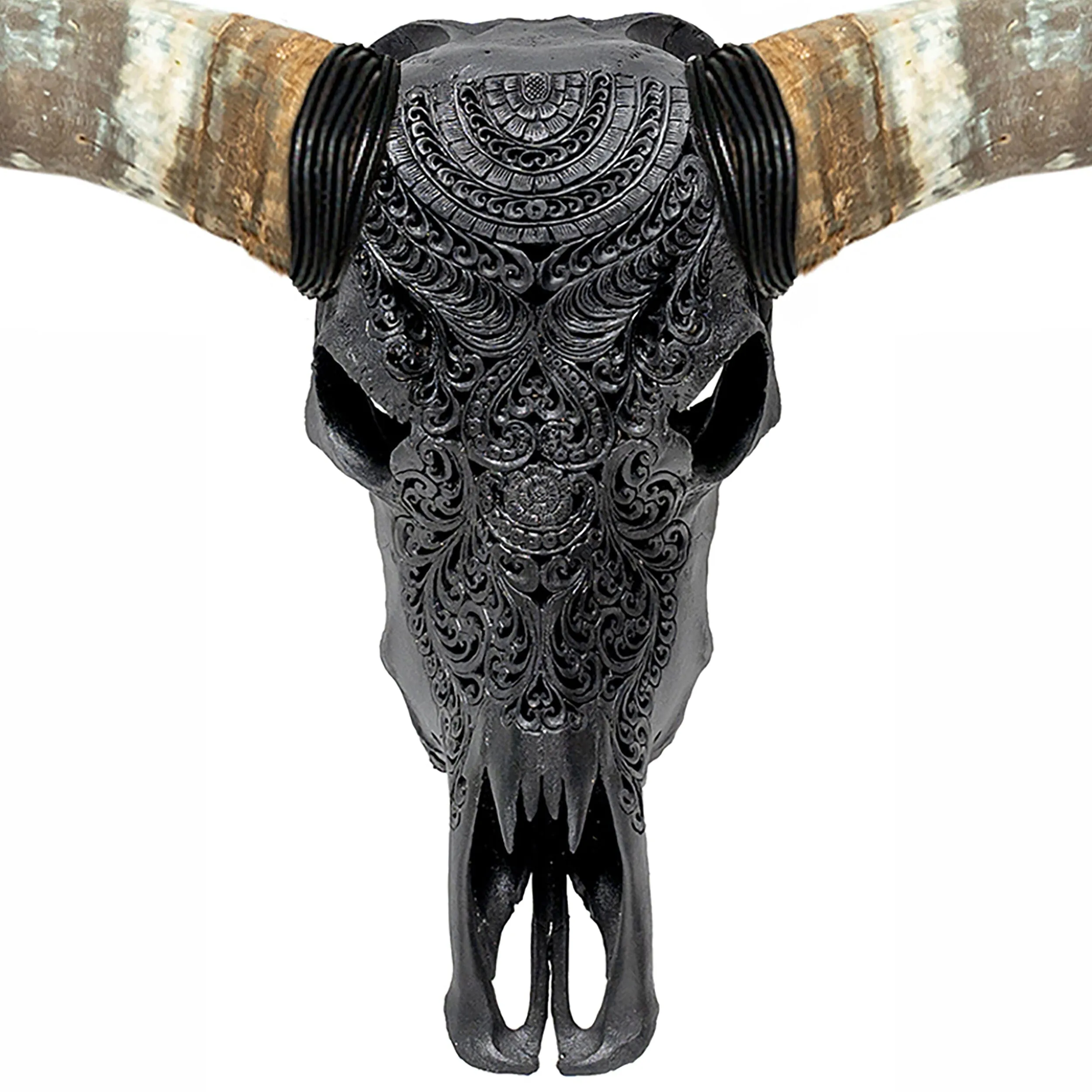 Hand Carved Longhorn Skull - Matte Black Boho