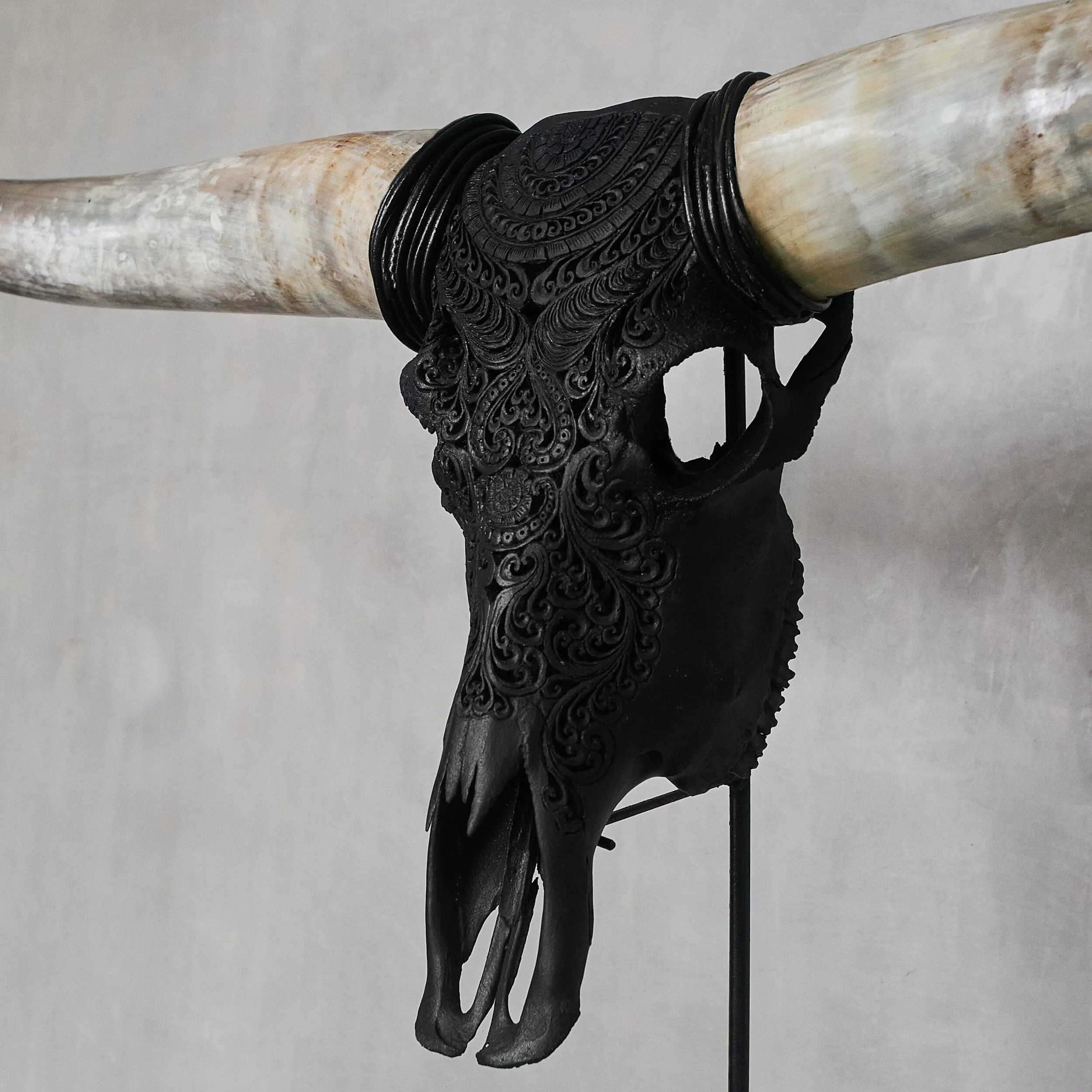 Hand Carved Longhorn Skull - Matte Black Boho
