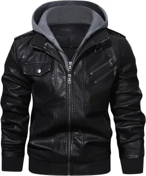 HOOD CREW Mens Casual Stand Collar PU Faux Leather Zip-Up Motorcycle Bomber Jacket With a Removable Hood