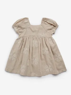 HOP Baby Dark Beige Floral Embroidered Empire Line Cotton Dress