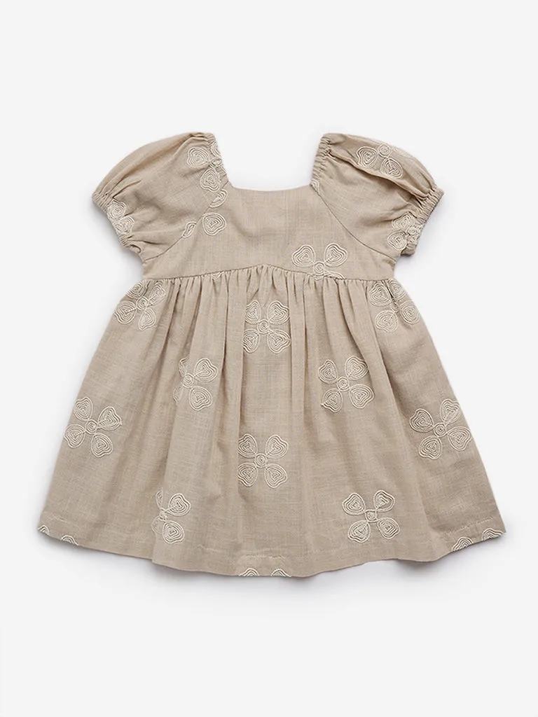 HOP Baby Dark Beige Floral Embroidered Empire Line Cotton Dress