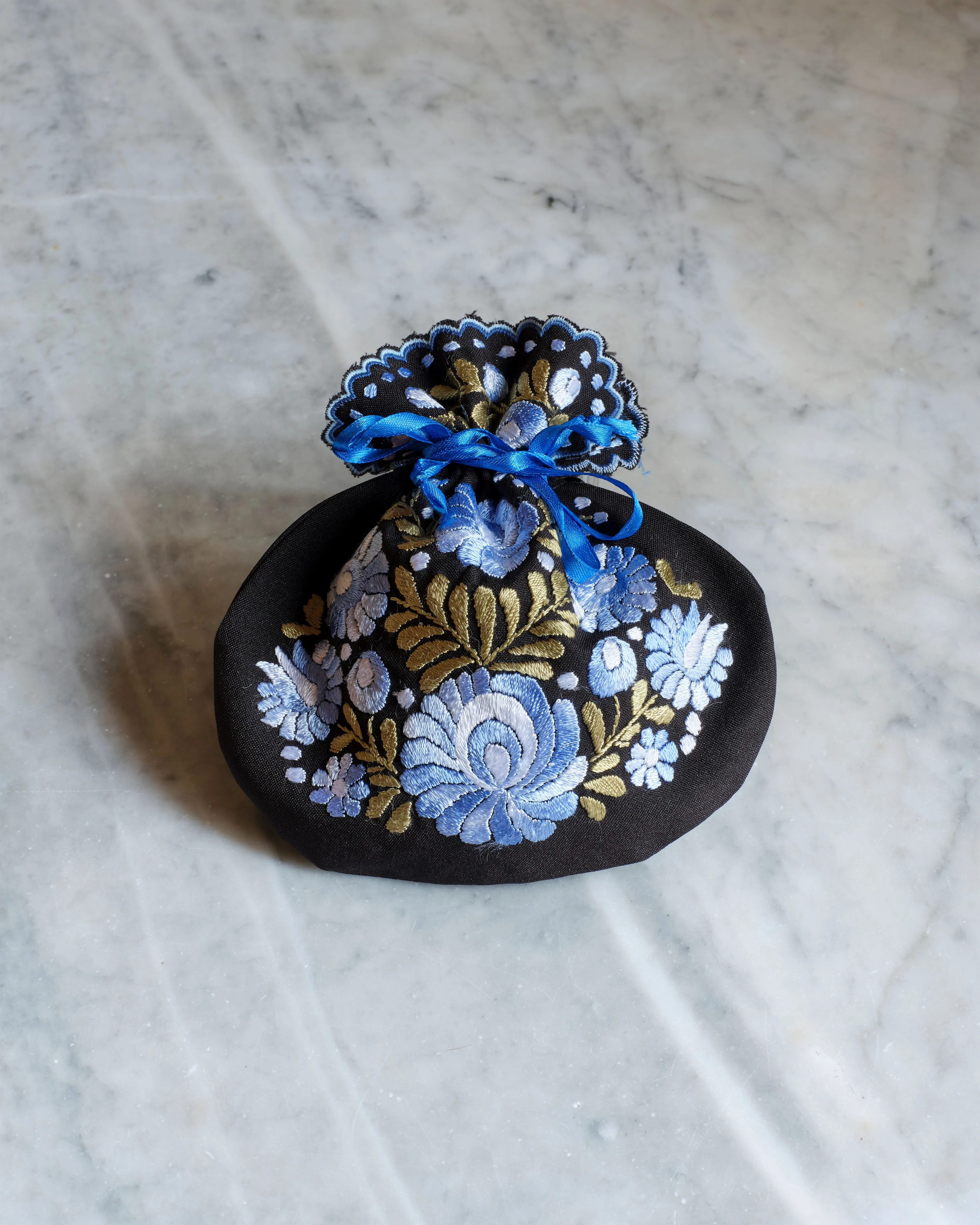 Hungarian Embroidered Silk Pouch, Navy and Lilac Floral