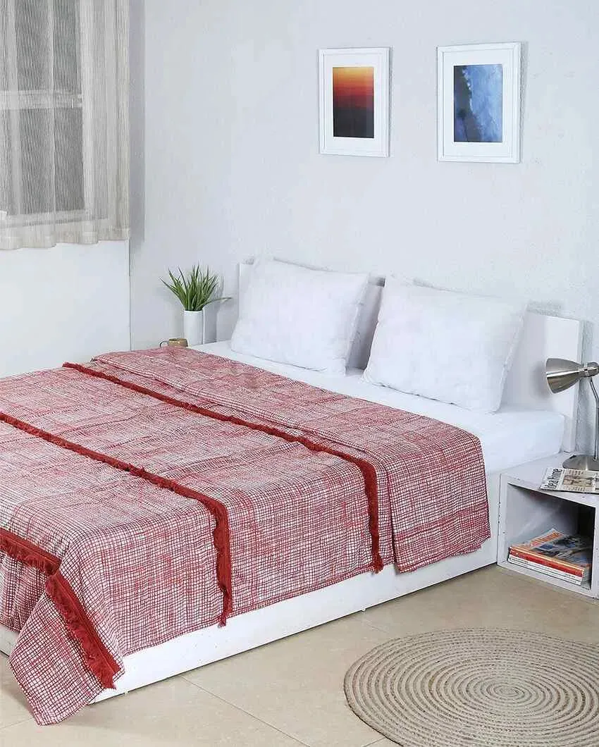 Kattam-Kuta Red Cotton Bedcover | Double Bed | 108 X 100 inches