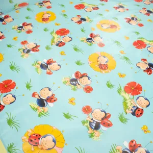 Ladybird & Flower on Blue Plastic Tablecloth Fabric