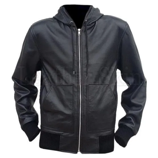 Leather Skin Men Black Hooded Hoodie Genuine Leather Jacket