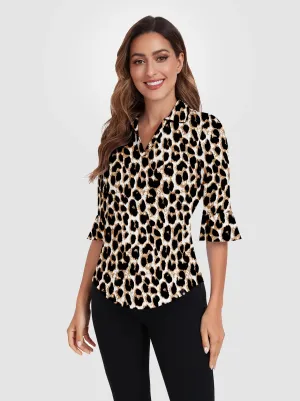 Leopard V-neck 3/4 Sleeve Polo Shirt For Women