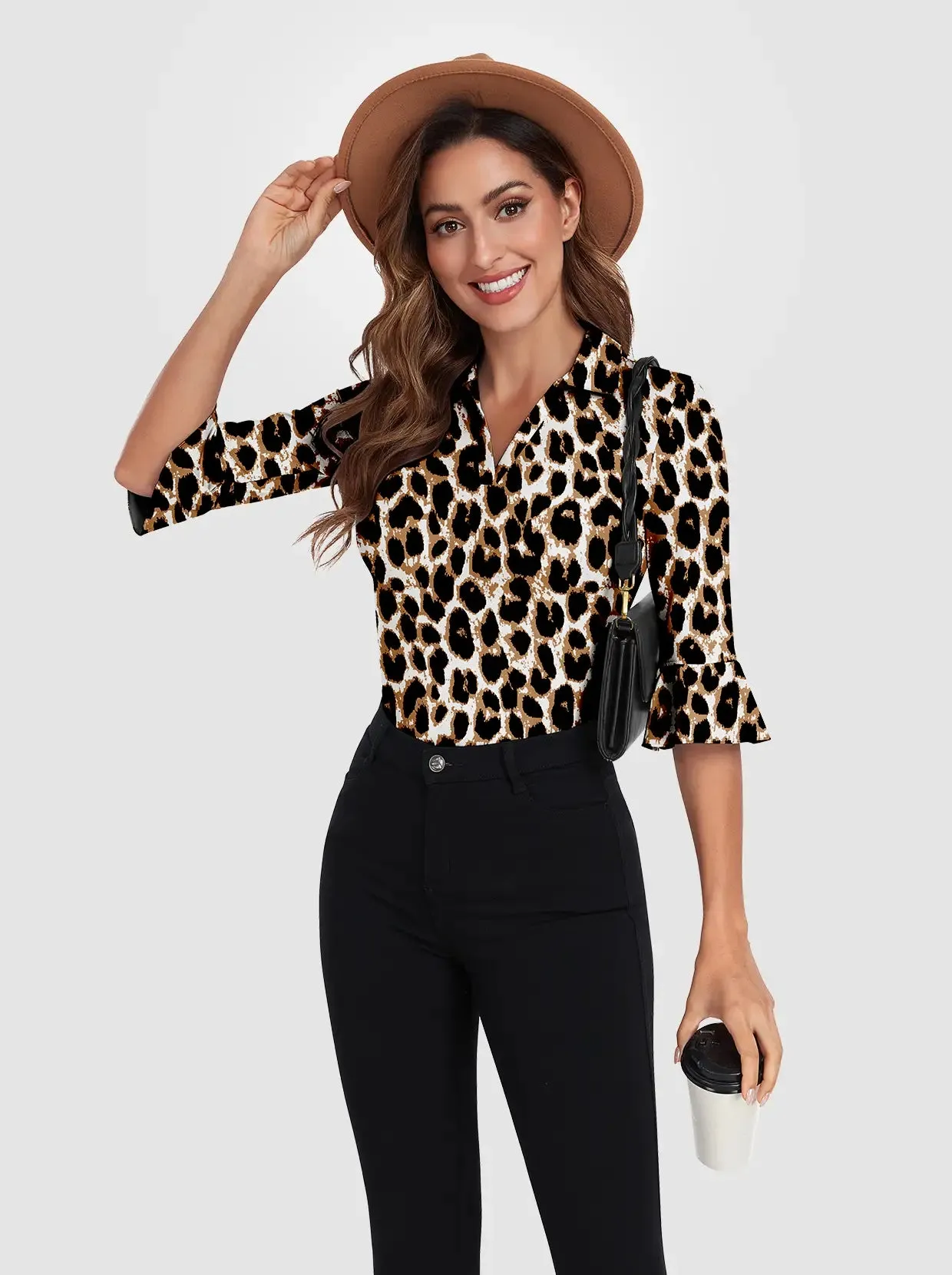 Leopard V-neck 3/4 Sleeve Polo Shirt For Women