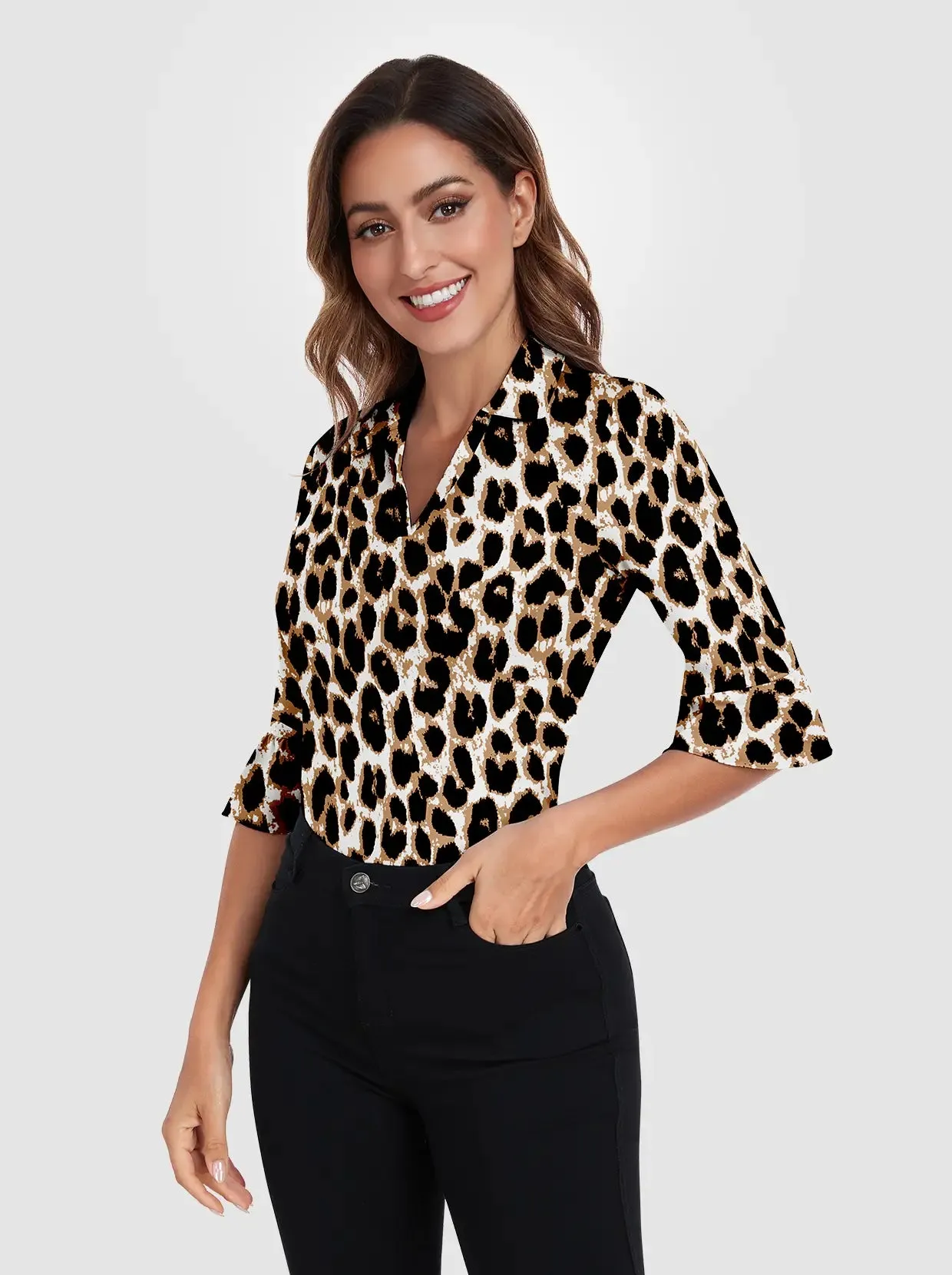 Leopard V-neck 3/4 Sleeve Polo Shirt For Women