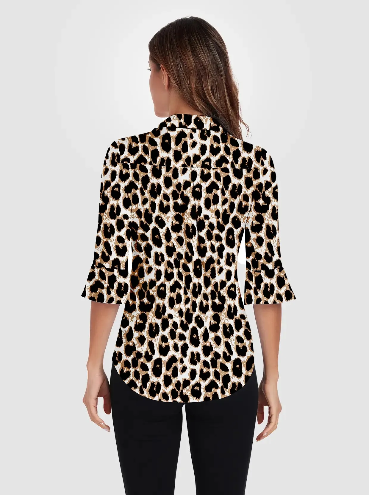 Leopard V-neck 3/4 Sleeve Polo Shirt For Women