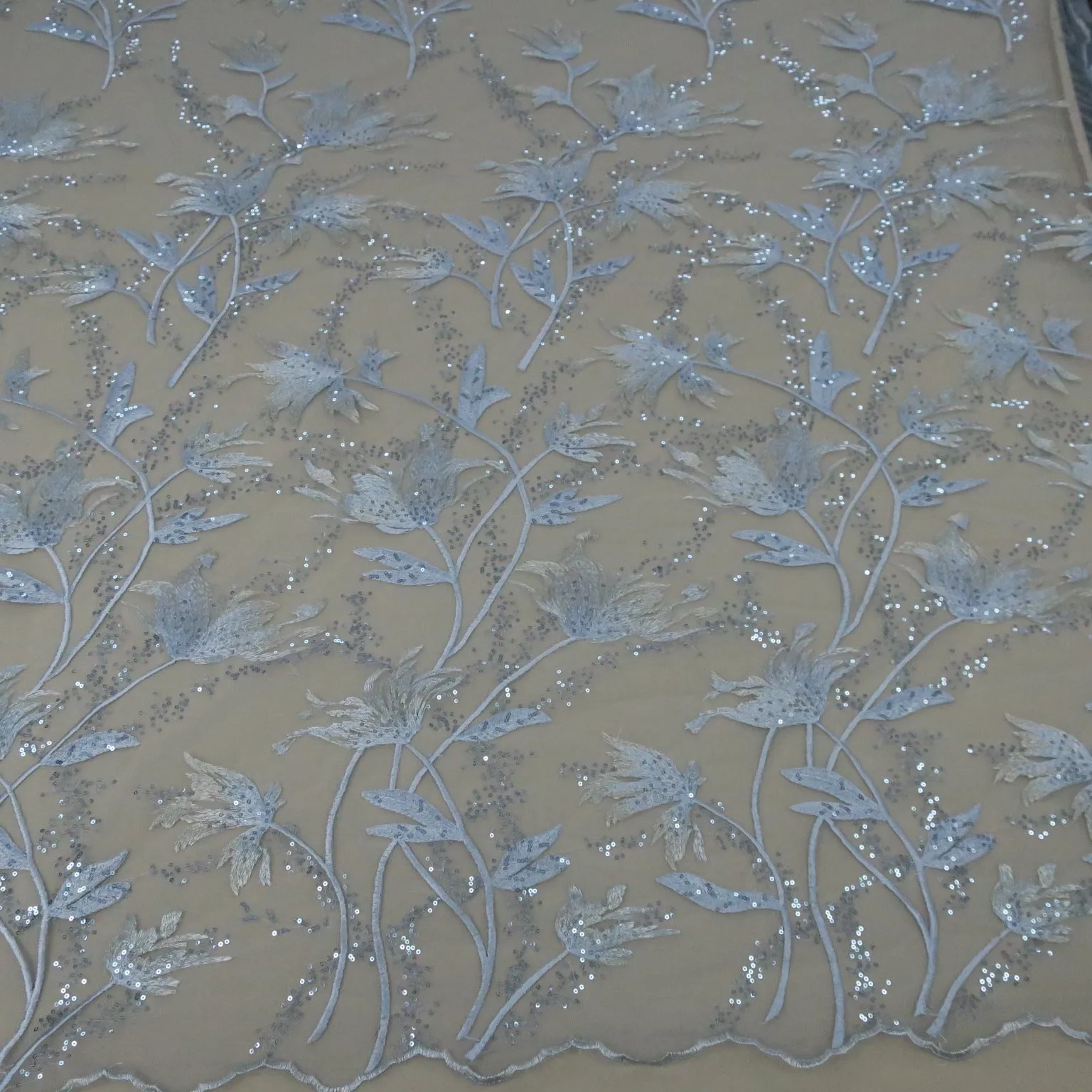 Light Gray Floral Embroidered Fabric