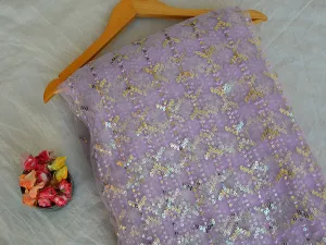 Light Lavender Abstract Thread & Sequins Embroidered Net Fabric
