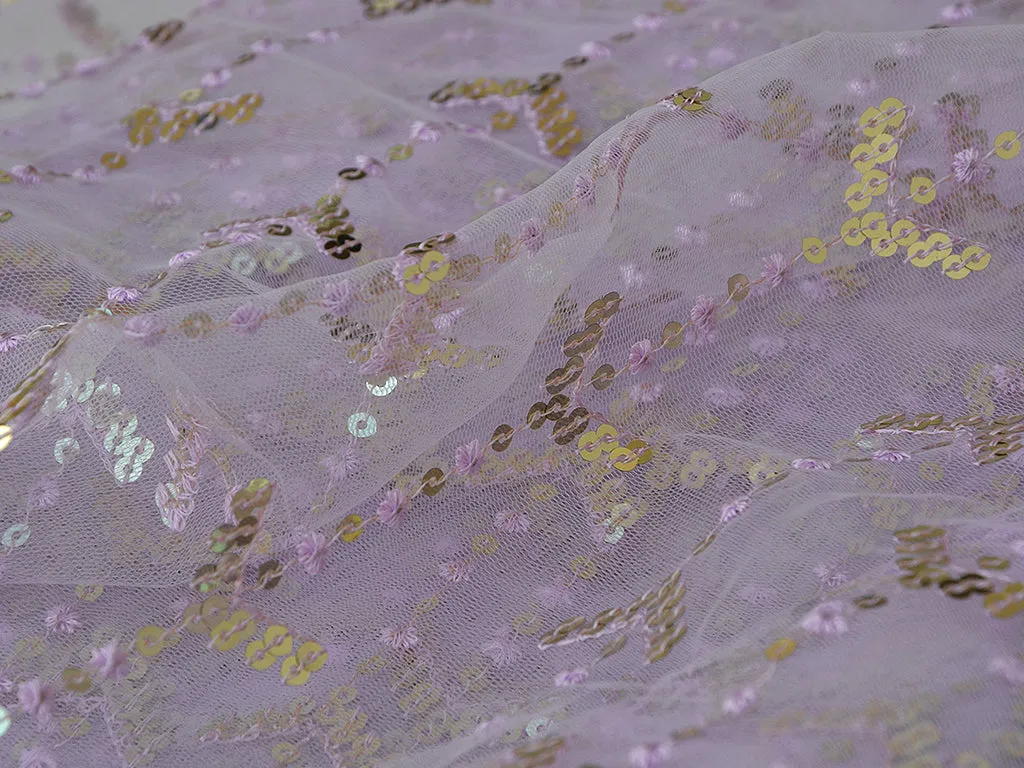 Light Lavender Abstract Thread & Sequins Embroidered Net Fabric