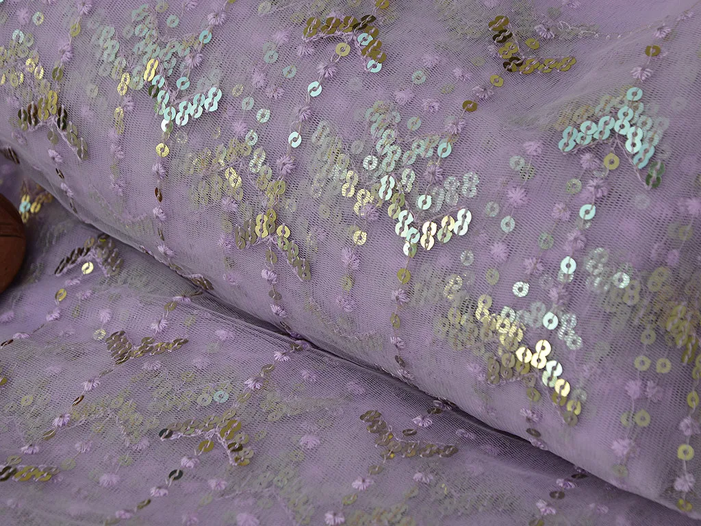 Light Lavender Abstract Thread & Sequins Embroidered Net Fabric