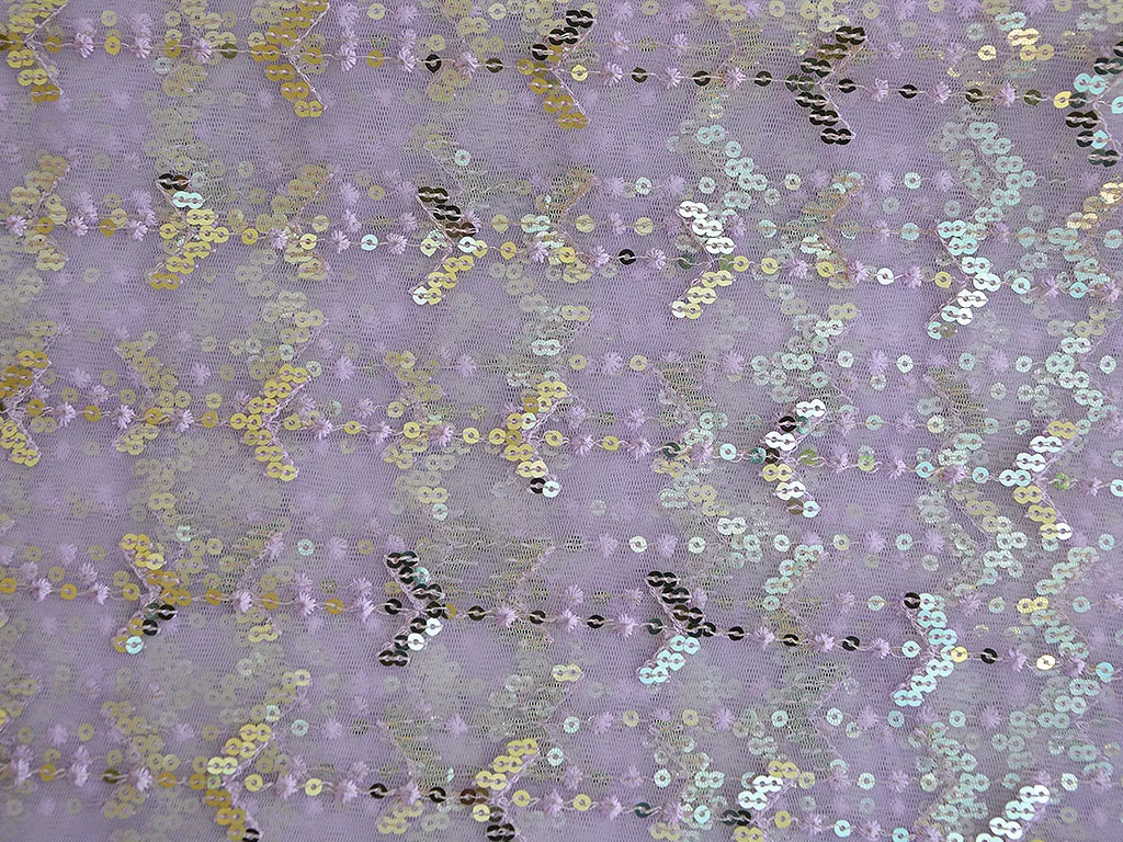 Light Lavender Abstract Thread & Sequins Embroidered Net Fabric