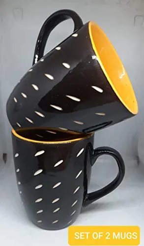 Lotum Handmade Black Matte Pure Ceramic 3D Cut Elegant Coffee/Milk Mugs(Set of 2) /(Classy Design/ Made in India (Glossy Mugs (Set of 2))