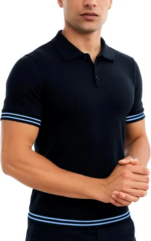 Men's Slim-Fit 100% Cotton Polo, Breathable Lightweight Short-Sleeve tee; Navy, Blue, Beige, Black.