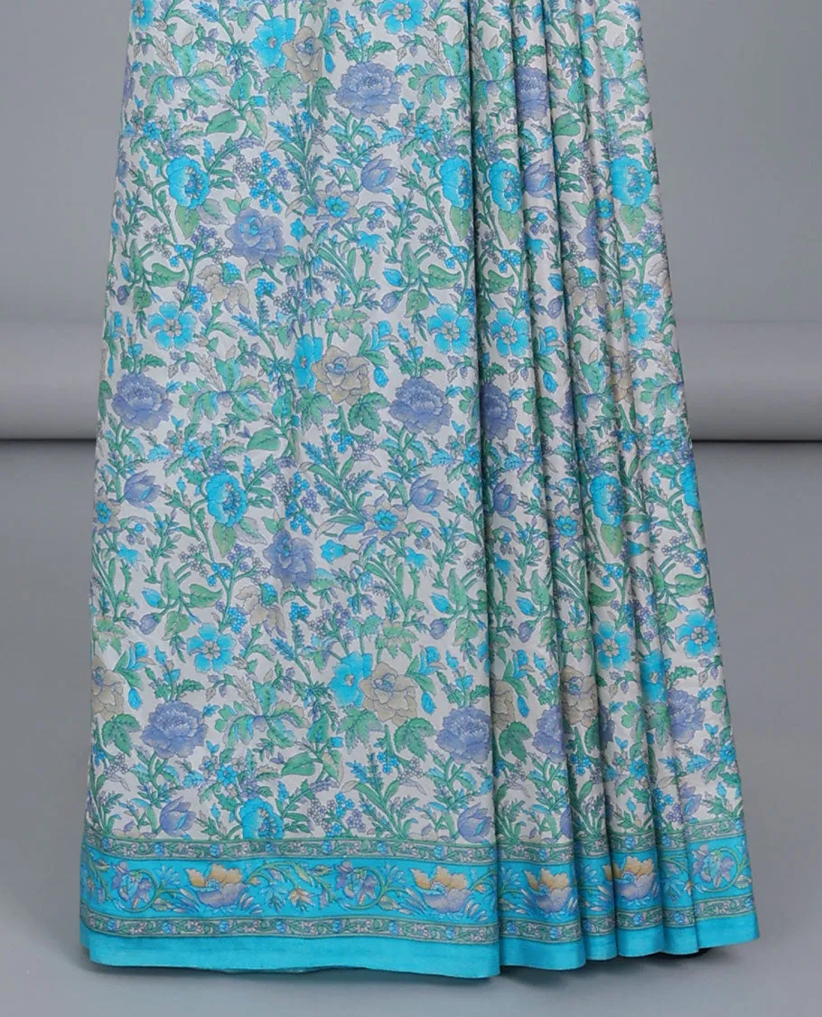 Off-white floral printed semi-banaras printed saree, contrast floral printed border & intricate floral pallu