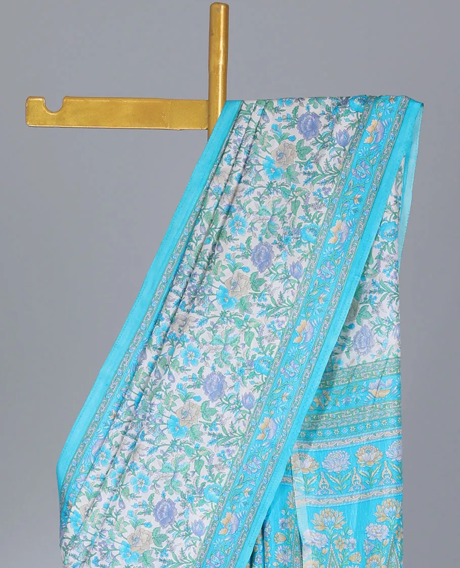 Off-white floral printed semi-banaras printed saree, contrast floral printed border & intricate floral pallu