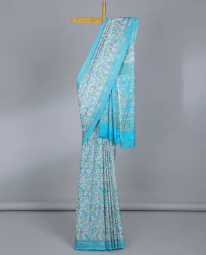 Off-white floral printed semi-banaras printed saree, contrast floral printed border & intricate floral pallu