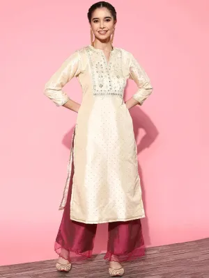 Off White Yoke Design Art Silk Straight Kurta