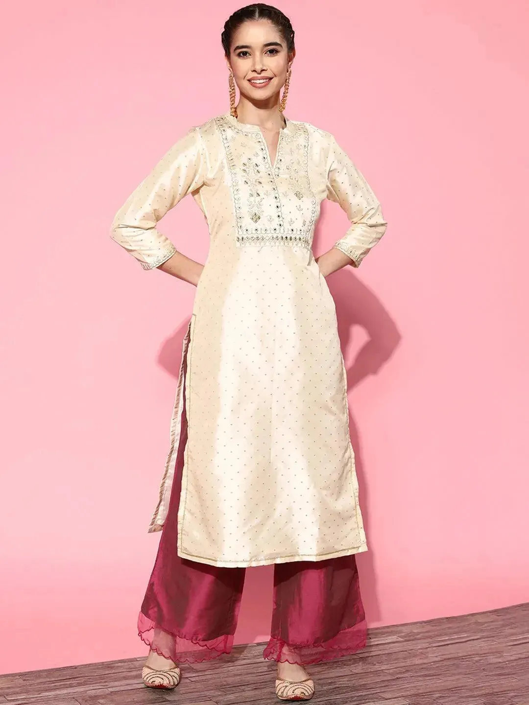 Off White Yoke Design Art Silk Straight Kurta