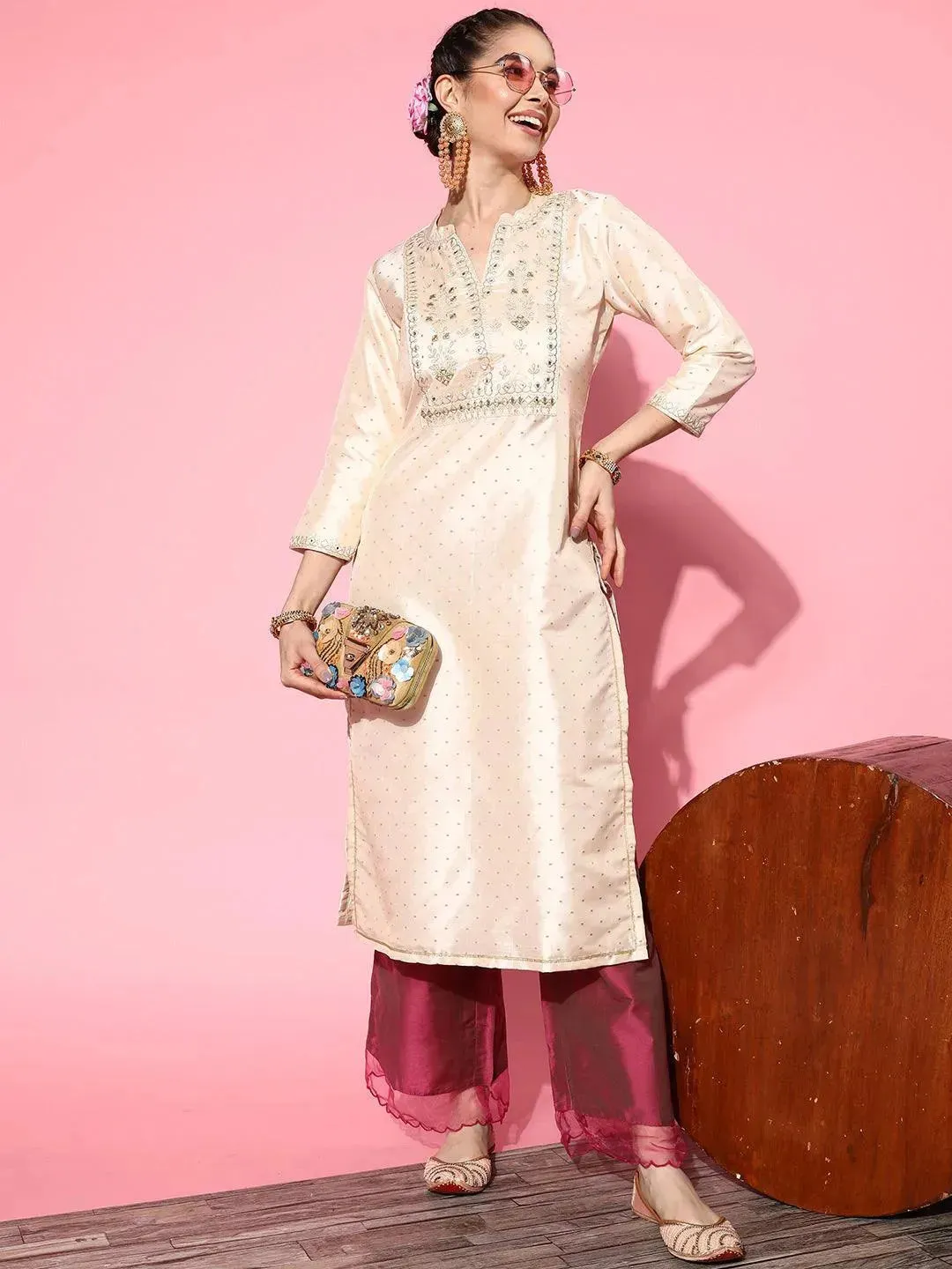 Off White Yoke Design Art Silk Straight Kurta