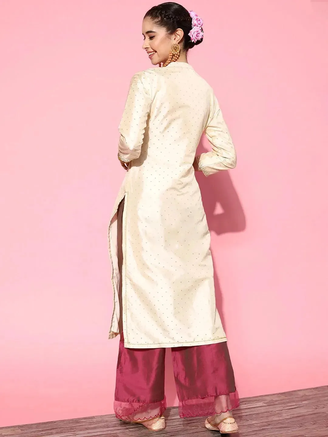 Off White Yoke Design Art Silk Straight Kurta