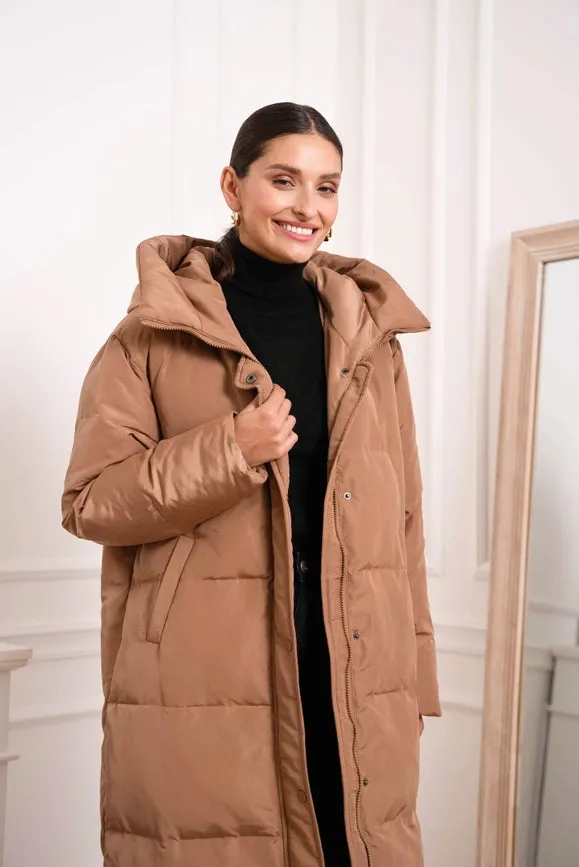 Oversized Long Quilted Hooded Parka Camel