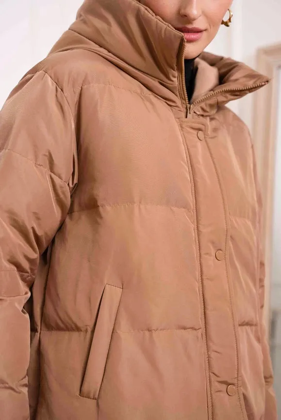 Oversized Long Quilted Hooded Parka Camel