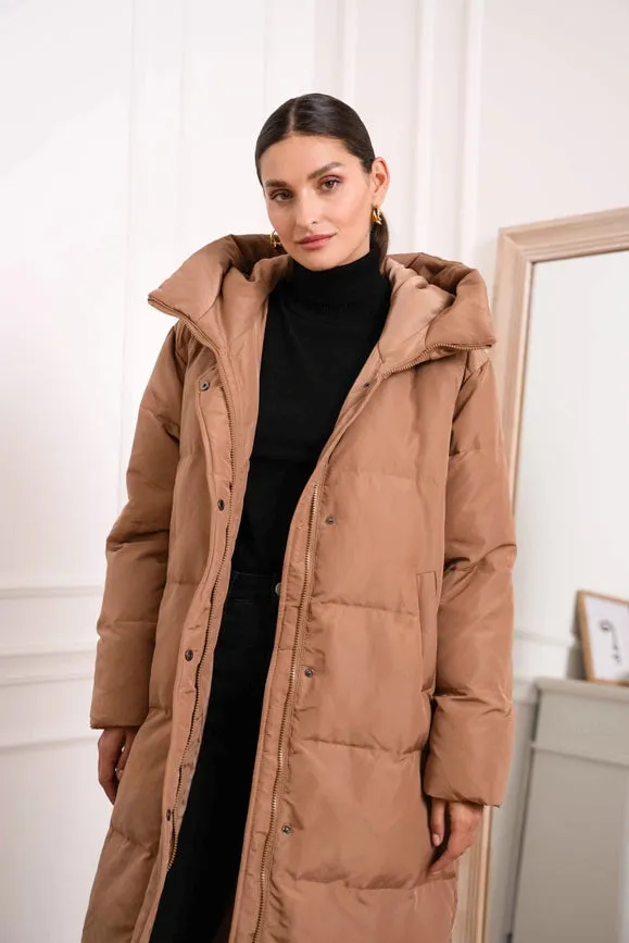 Oversized Long Quilted Hooded Parka Camel