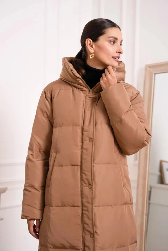 Oversized Long Quilted Hooded Parka Camel