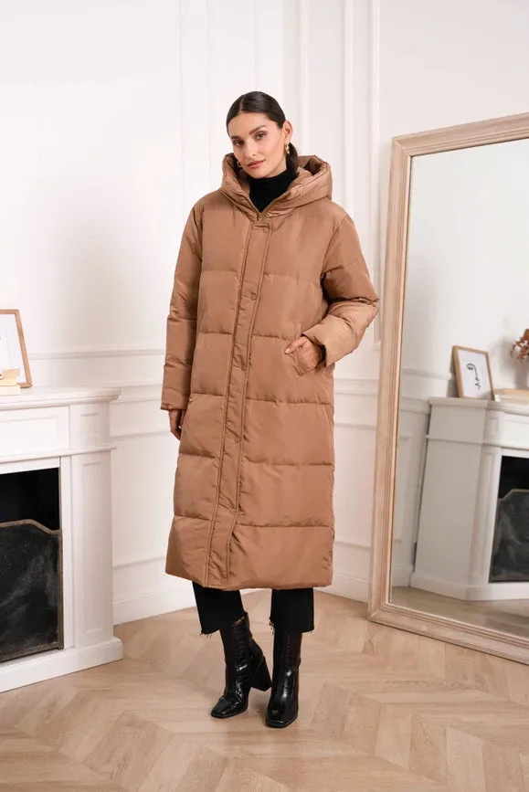 Oversized Long Quilted Hooded Parka Camel