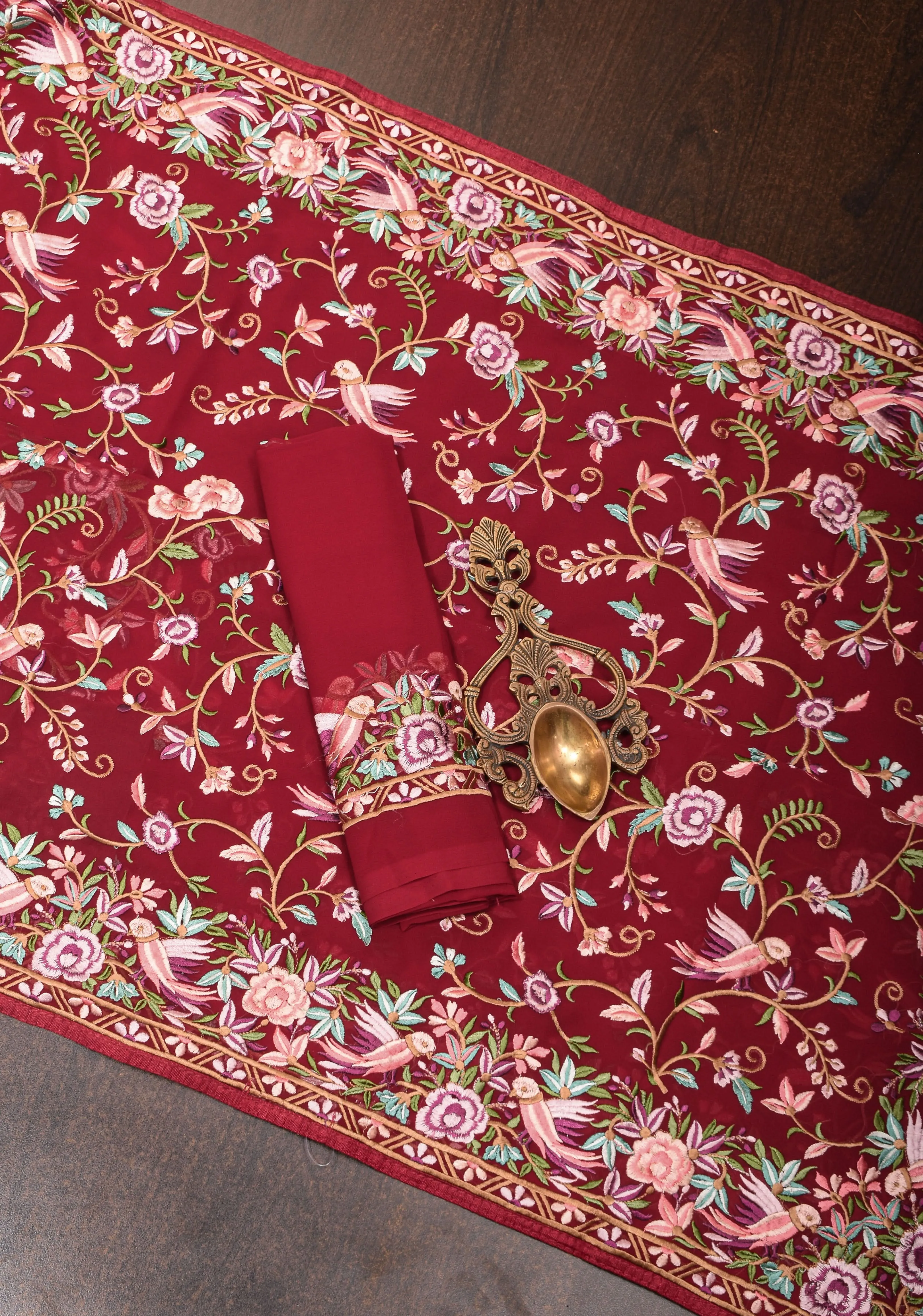 Parsi Gara Design Machine Embroidery on Maroon Georgette
