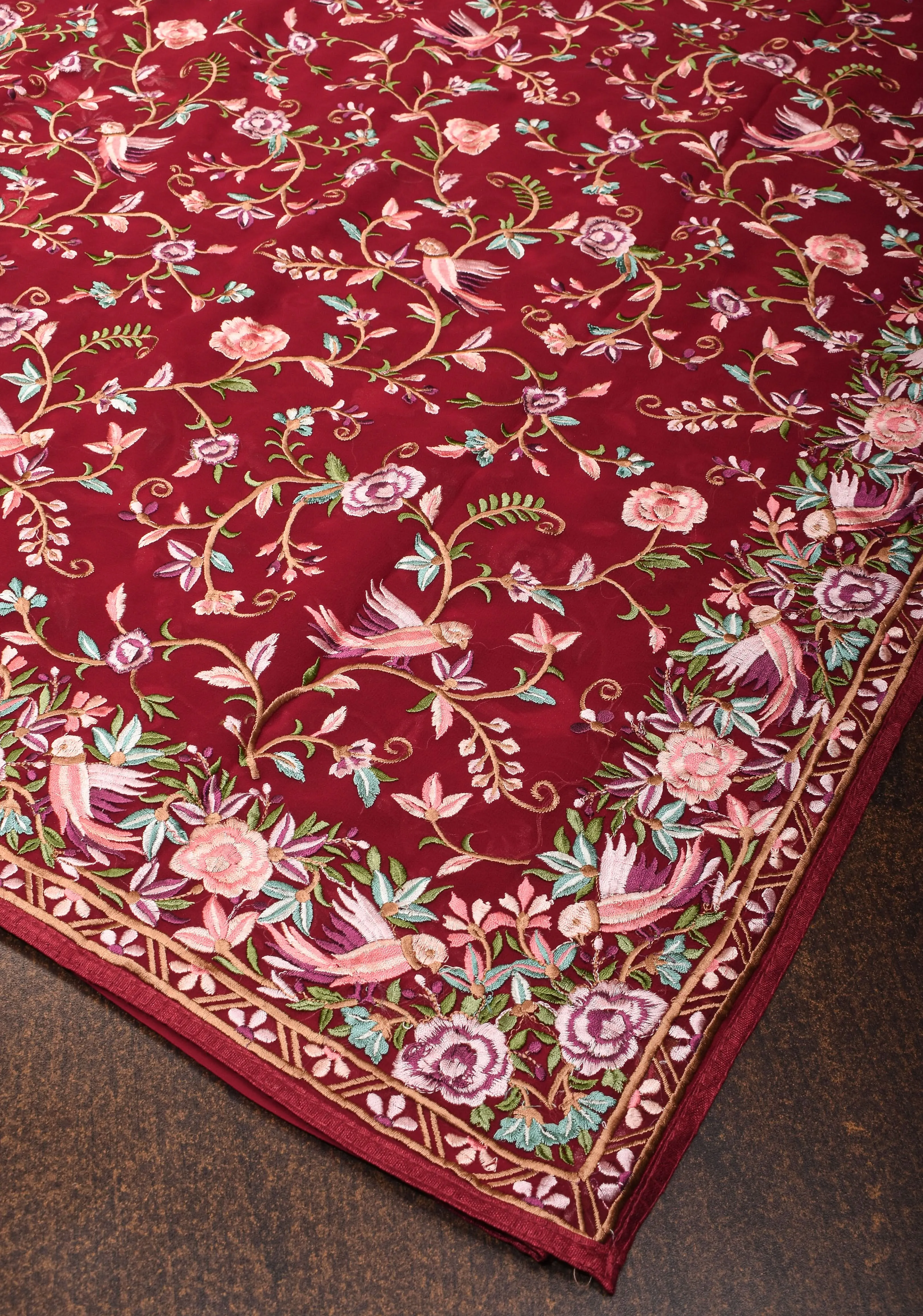 Parsi Gara Design Machine Embroidery on Maroon Georgette