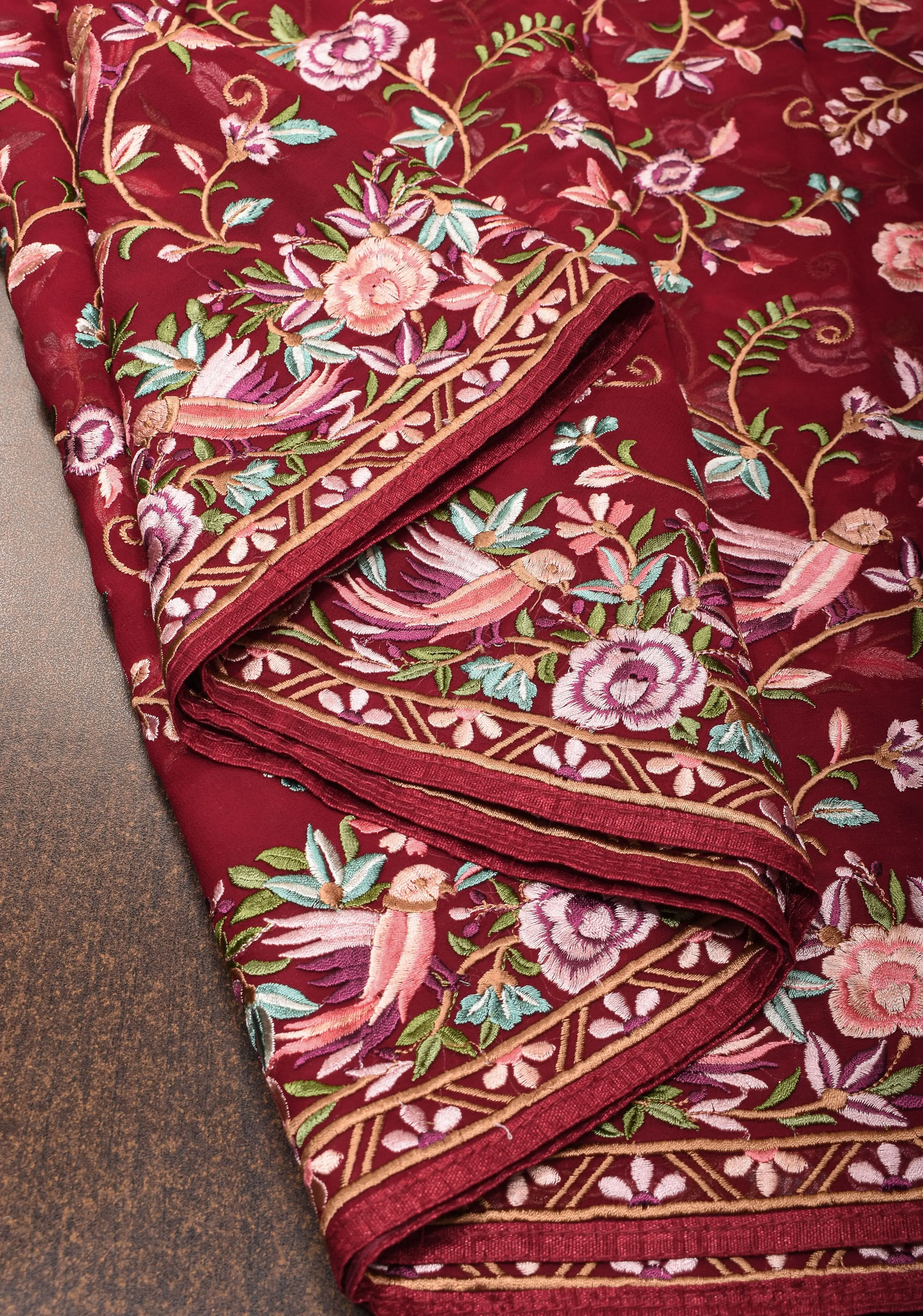 Parsi Gara Design Machine Embroidery on Maroon Georgette
