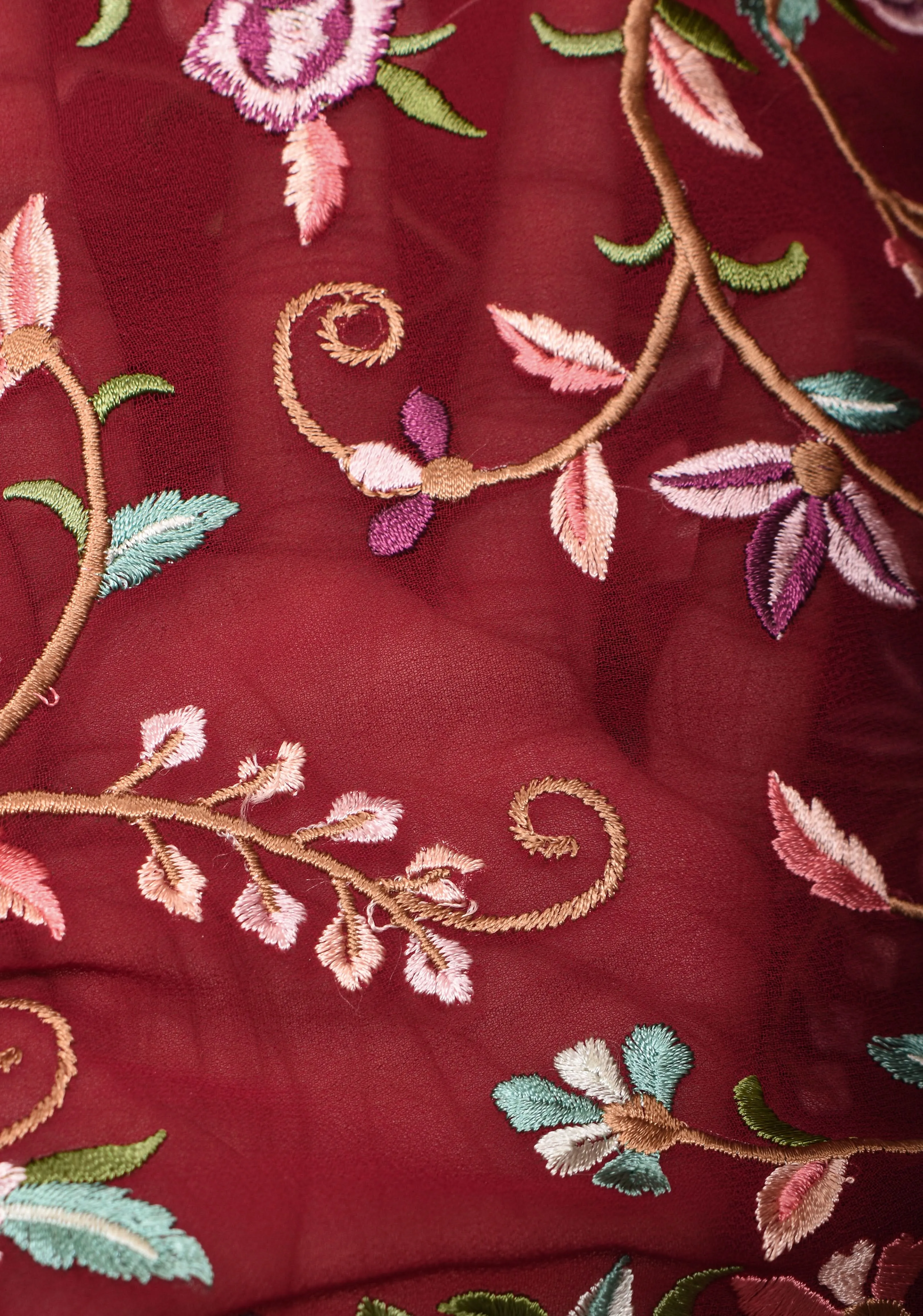 Parsi Gara Design Machine Embroidery on Maroon Georgette