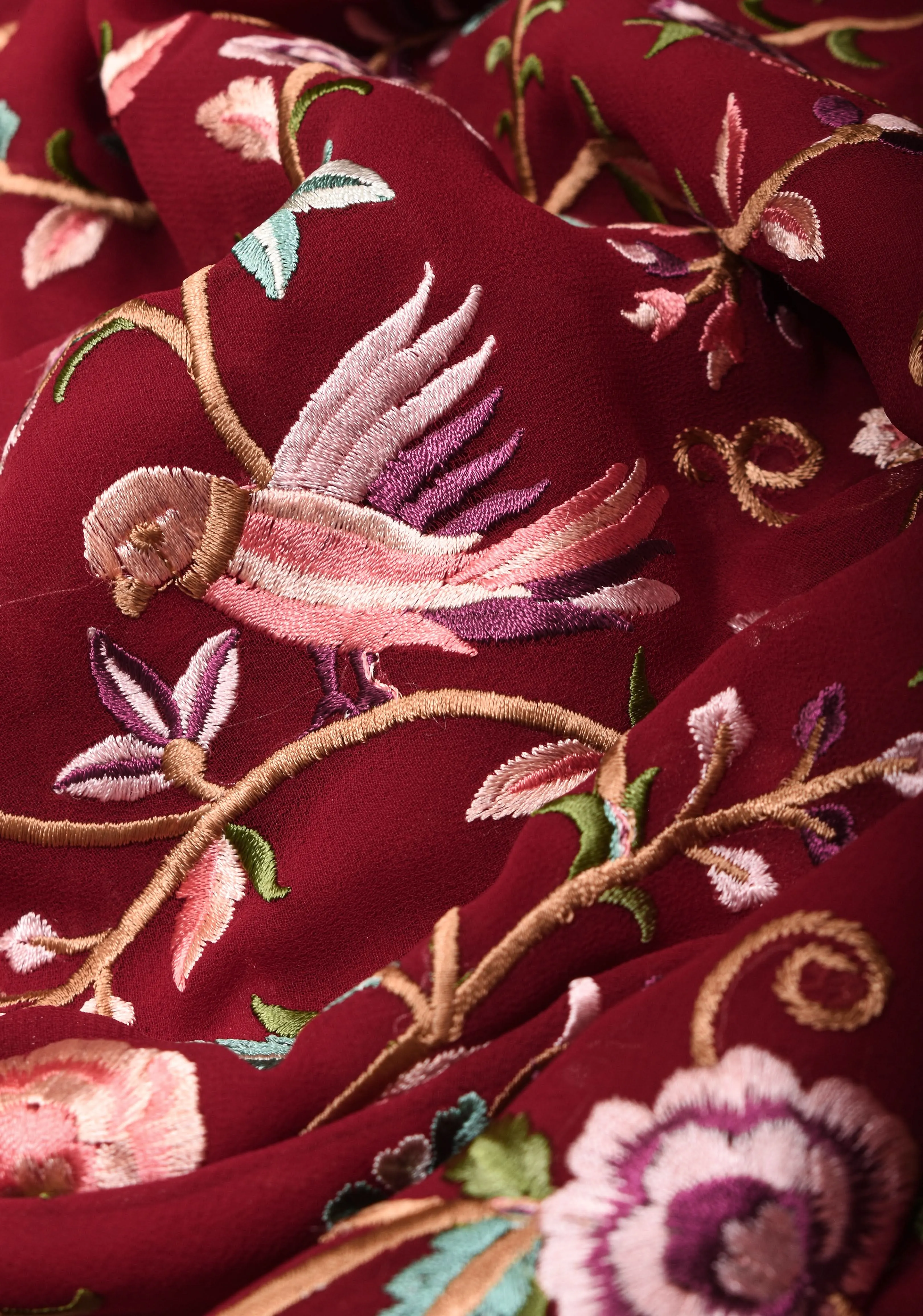 Parsi Gara Design Machine Embroidery on Maroon Georgette