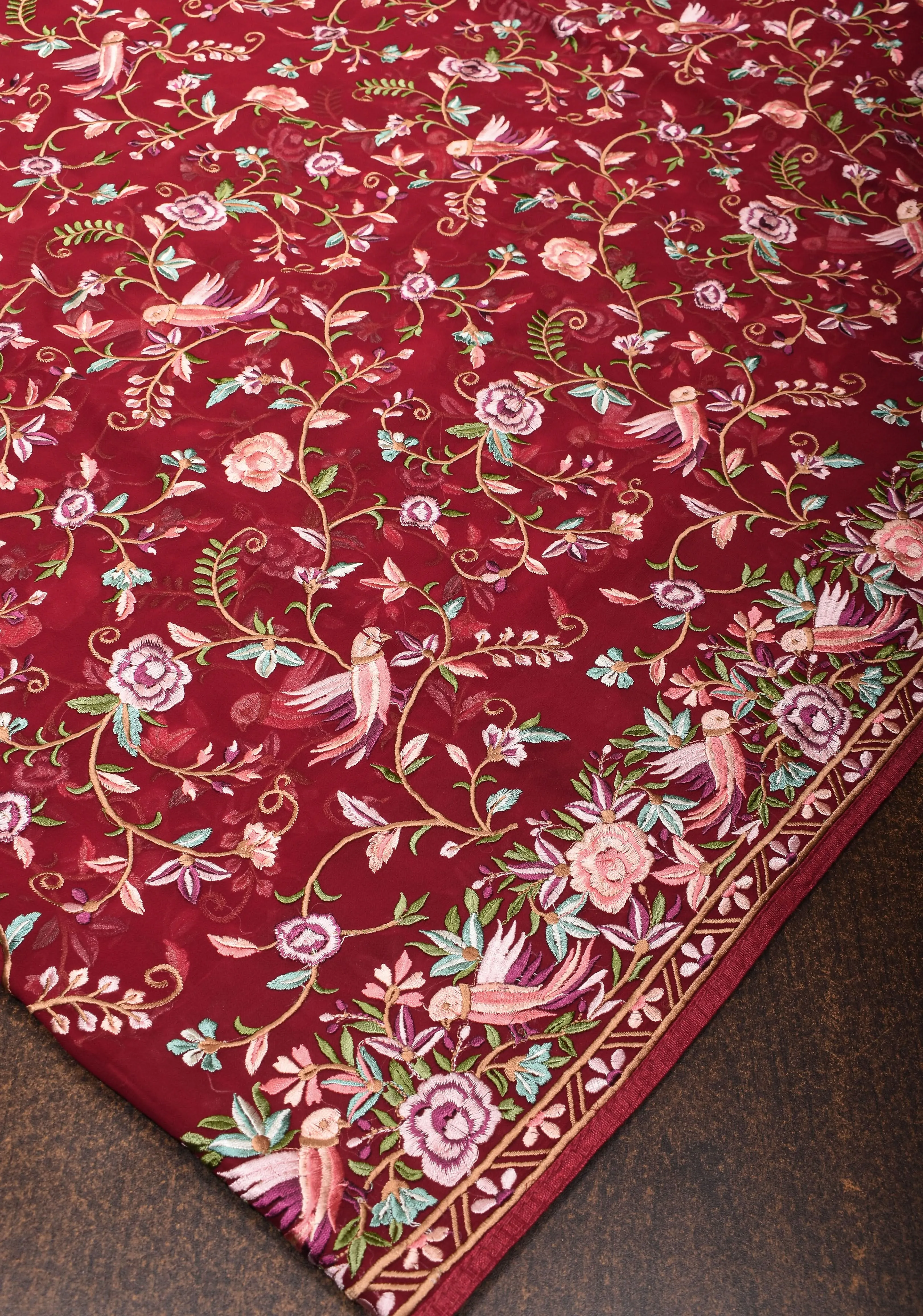Parsi Gara Design Machine Embroidery on Maroon Georgette