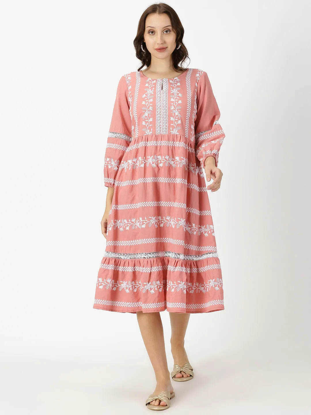 Peach Boho Embroidered Midi Dress