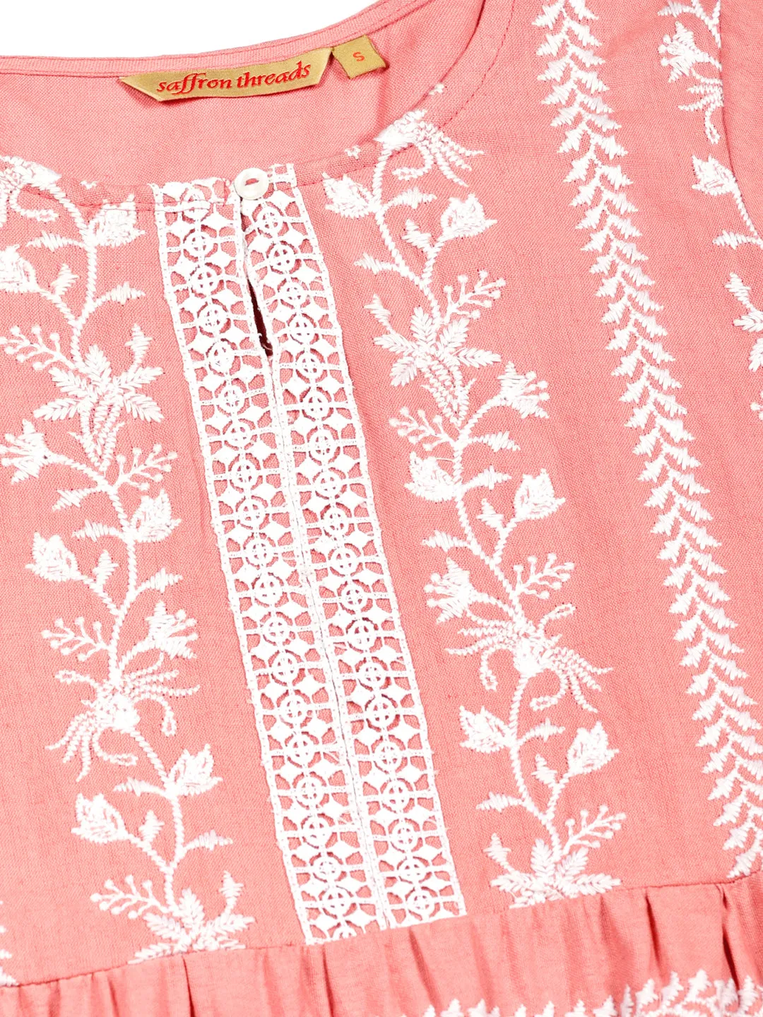 Peach Boho Embroidered Midi Dress