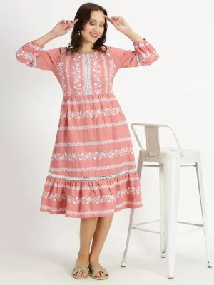 Peach Boho Embroidered Midi Dress