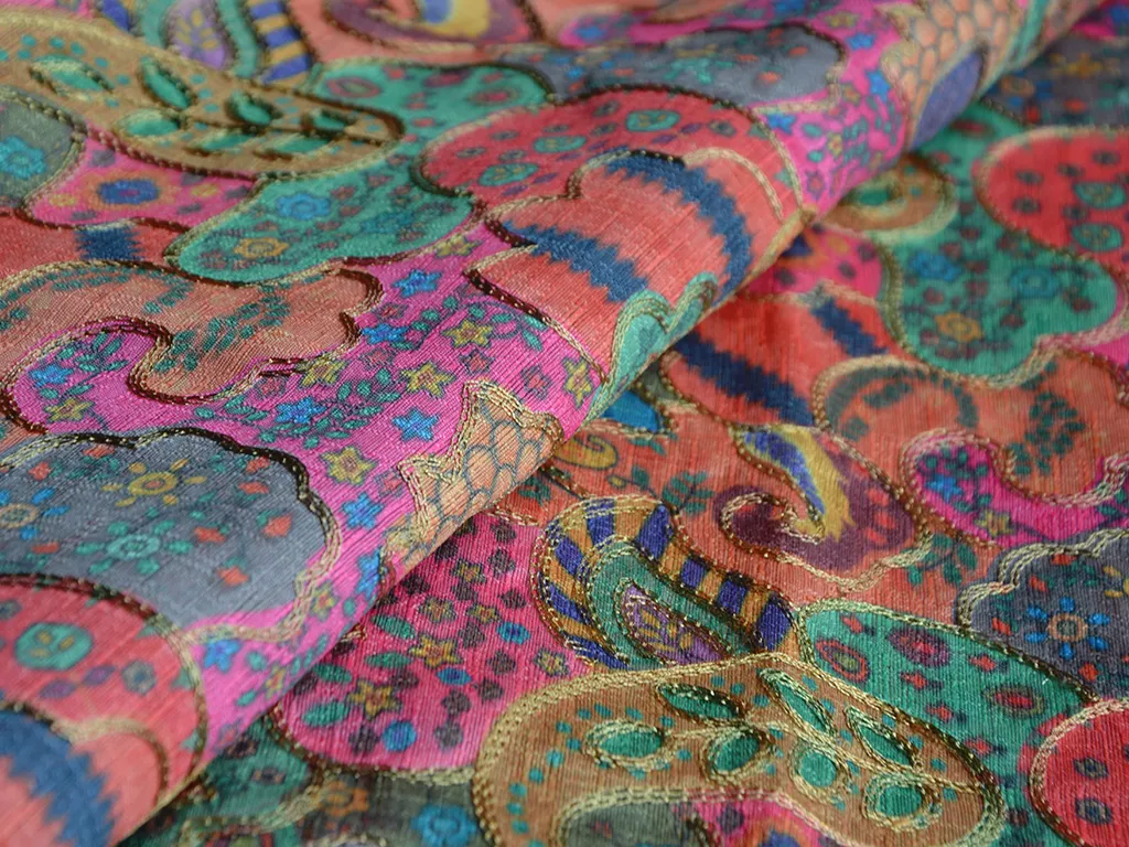 Pink Traditional Digital Print Heavy Zari Embroidered Mulberry Silk Fabric