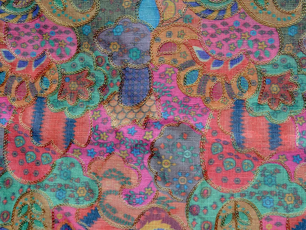 Pink Traditional Digital Print Heavy Zari Embroidered Mulberry Silk Fabric