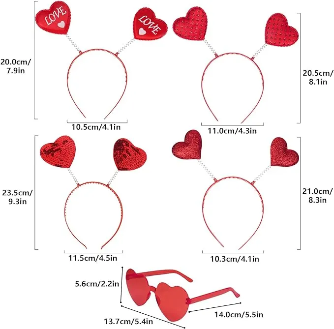 Plnomk Sequin Heart Headband, Novelty Valentines Heart Head Costume Cupid Heart Headwear for Valentines Anniversary Cosplay Party 8pcs